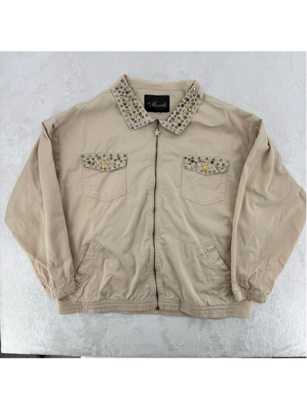 Vintage 90s Beaded Jacket 90s Rhinestones Studs Stars Zip Front Size XL-XXL